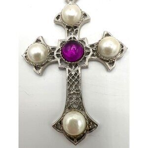 Sarah‎ Coventry Crusaders Cross 24" Necklace Faux Pearls Purple Cabochon
